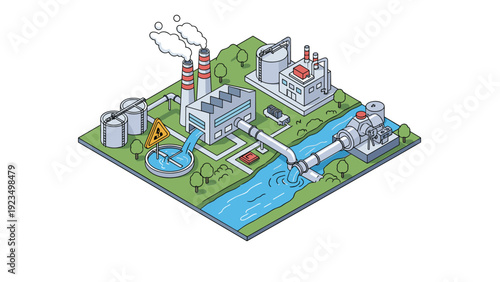 Isometric industrial factory layout showing production buildings and smoke stacks with pipes discharging waste into a nearby river environment.