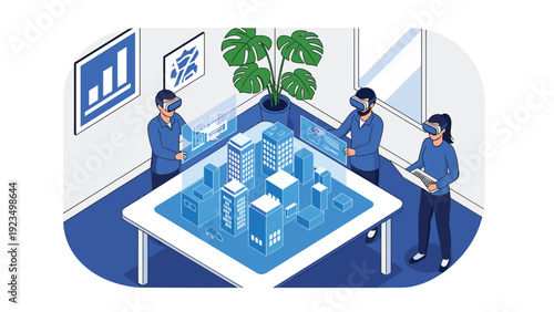 Team of professionals using virtual reality headsets to interact with a 3d isometric model of a city for urban planning and architectural design.