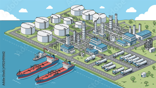 Isometric view of a coastal oil refinery facility with storage tanks, processing units, tankers at the dock, and delivery trucks on the road.