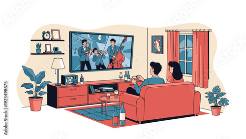 Cozy living room scene where a couple is sitting on a sofa watching a live jazz band performance on a large television screen at home.
