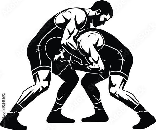 Wrestling Match Vector Illustration with Two Athletes in Action Black and White Silhouette