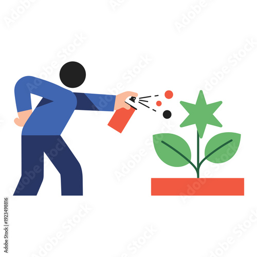 Man spraying plant with spray bottle for garden care and growth icon