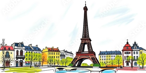 Whimsical sketch of Parisian landmarks, Eiffel Tower prominent, loose style, city, building