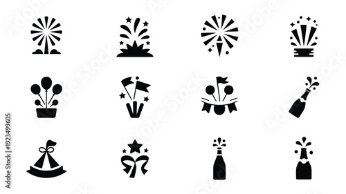 Collection of 12 minimalist celebration silhouettes including fireworks balloons and confetti on white background for party and event themes