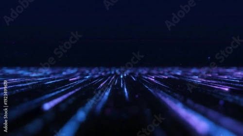 Abstract blue and purple light trails moving towards the viewer on a dark background, creating a sense of speed and digital data flow