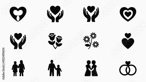 Collection of black love and relationship icons on white background including hearts hands flowers couples and wedding rings symbolizing affection and partnership