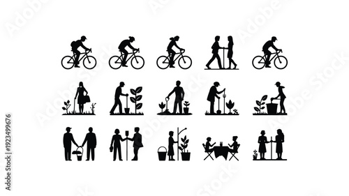 Set of black silhouettes depicting people engaging in outdoor activities cycling gardening and socializing on a clean white background for graphic design
