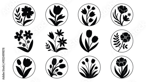 Collection of 12 elegant spring floral silhouettes in black circles on white background for design and decoration