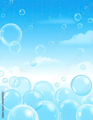 Floating, clear bubbles against a blue, cloudy sky