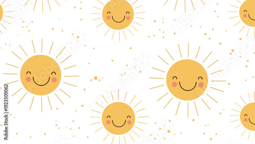 Cheerful seamless pattern featuring numerous smiling suns with radiating rays and subtle scattered dots on a clean white background, perfect for bright designs.