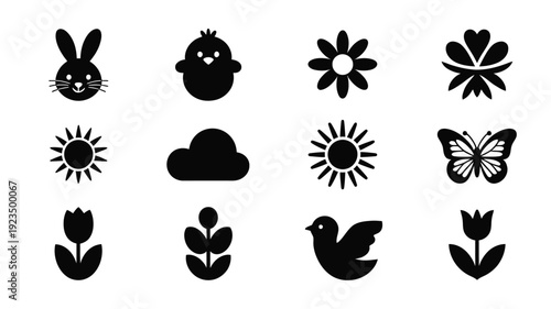 A clean graphic design layout featuring black silhouettes of various springtime icons including animals flowers and weather symbols on a white background conveying renewal and nature