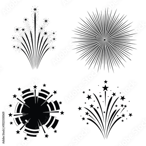 Fireworks explosion celebration vector illustration, colorful scalable graphic design with stars and spark effects for festive events and new year