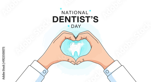 Illustration of hands forming a heart around a tooth on National Dentist's Day, celebrating oral health and dental care with a blue glow, against a clean white background.