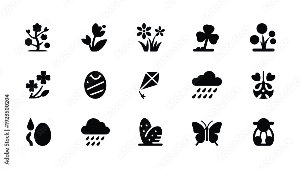 Fototapeta premium A clean graphic design showcasing a collection of black icons on white background including plants weather symbols and insects for various uses