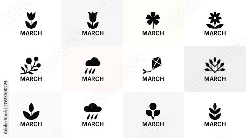 Minimalist march logos featuring springtime icons and typography on white background