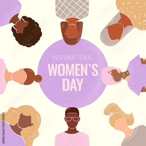 Banner or Card International Women's Day with Text and texture. Women of different ethnicities together on white background. Vector illustration.