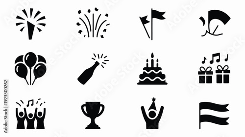 Collection of 12 minimalist celebration icons including fireworks flags music notes gifts and trophies on white background