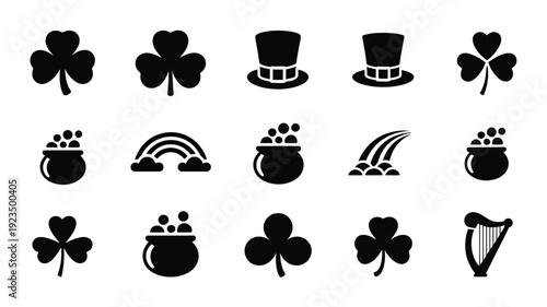 St patrick's day icons set including shamrocks leprechaun hats pot of gold rainbow and harp on white background