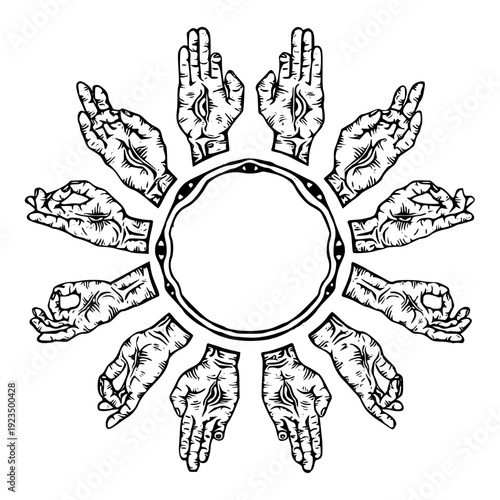 Hands gathered around a tambourine in dynamic circular motion