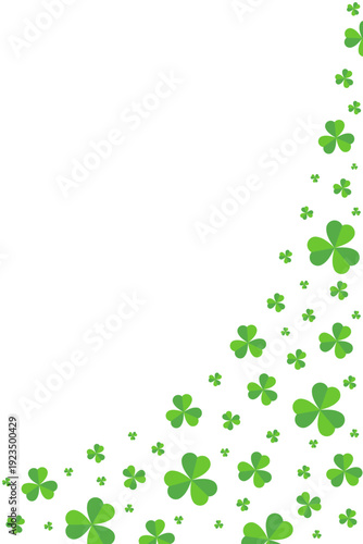 Vertical corner with scattered green shamrock clover leaves and copy space in the center. Perfect for St. Patrick's Day designs. Vector