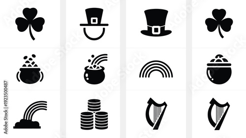 St patrick's day icons set including clover leprechaun hat pot of gold rainbow coins and harp in black silhouette on white background for festive design