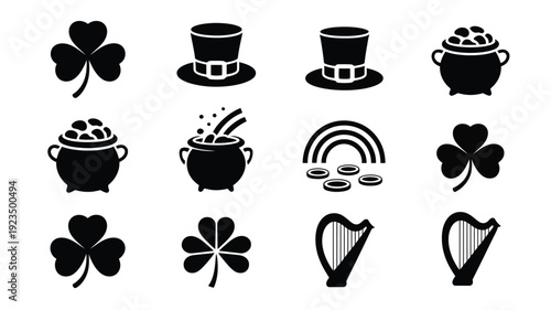 St patrick's day icons set including shamrocks leprechaun hats pot of gold rainbow and harp on white background
