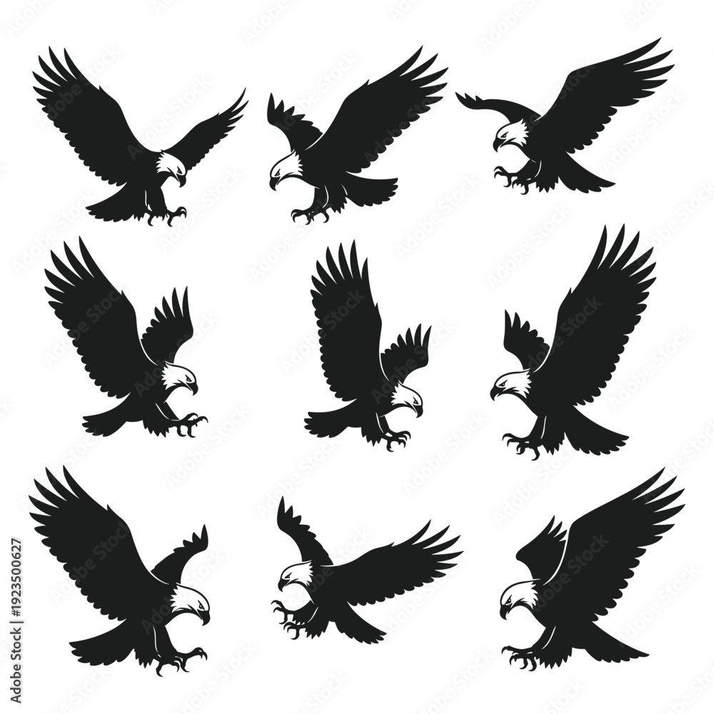 Fototapeta premium Bald eagles flying in formation vector illustration, majestic birds of prey in dynamic motion flat design