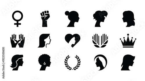 Collection of black silhouette icons representing women's rights empowerment and feminism on white background