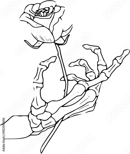 Skeleton hand holding a rose with delicate petals and thorns