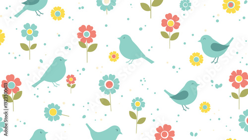Cheerful seamless pattern depicting cute cartoon birds and vibrant colorful flowers on a clean white background, perfect for whimsical children's designs.