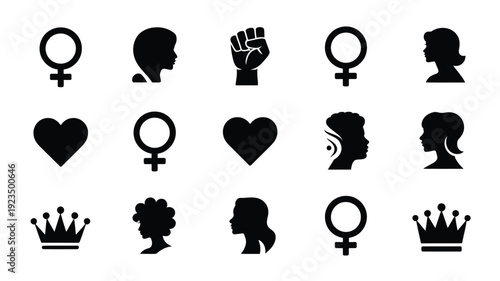 Black silhouettes of female symbols hearts and heads on white background for graphic design