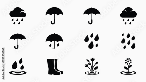 Rainy day icons set with umbrellas raindrops boots and flowers on white background for design and decoration