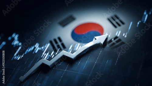 South korea economic growth concept with rising financial arrow on south korean flag background representing stock market success national prosperity investment gains industrial development