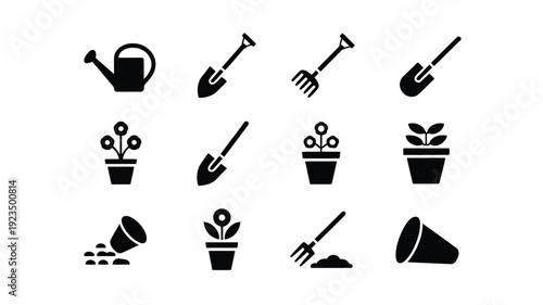 A clean graphic design featuring twelve black gardening icons on white background including tools and plants