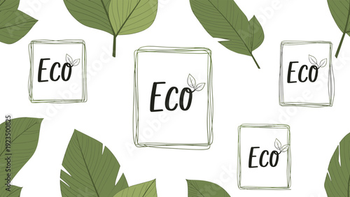Environmentally friendly design featuring Eco text inside outlined frames, surrounded by scattered green leaves on a clean white background, ideal for sustainable themes.
