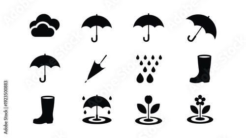 Black icons of umbrellas rain boots raindrops and plants on white background for graphic design