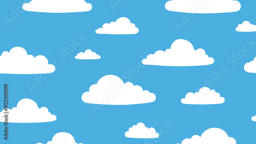 Serene seamless pattern depicting fluffy white clouds floating across a clear blue sky, creating a peaceful and open atmosphere for various designs.