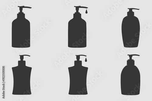 Various lotion bottles and tubes silhouette set illustration. showcase diverse shapes and dispensing styles on a white background in black silhouette. eps10