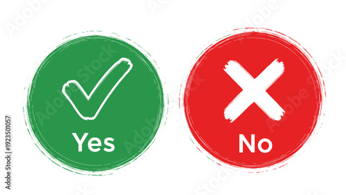 Set of two grunge-style decision icons, a green circle with Yes checkmark and a red circle with No X mark, ideal for approval or rejection.