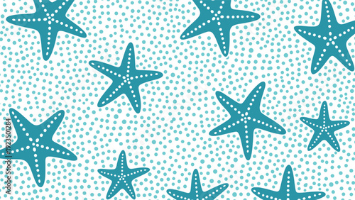 Lively seamless pattern showcasing an assortment of vibrant teal starfish scattered playfully on a crisp white background adorned with tiny light blue polka dots.