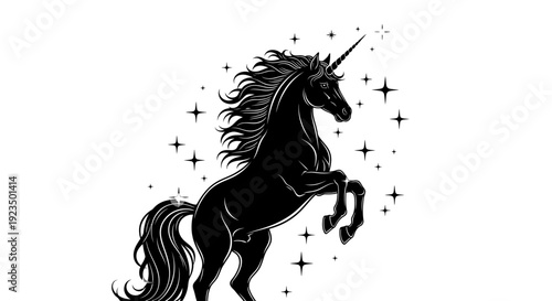 Black silhouette of a unicorn surrounded by stars on white background.