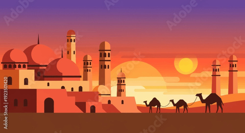 Desert landscape with camels and mosque at sunset.