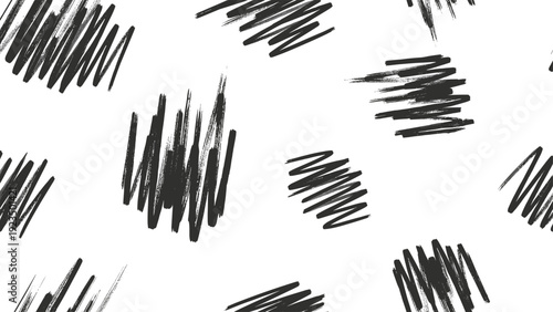 Dynamic seamless pattern composed of an expressive array of black scribble marks and textured brush strokes, scattered across a pristine white background.