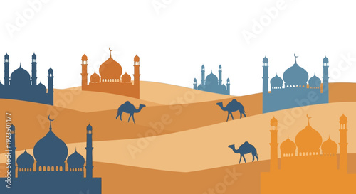Desert landscape with camels and mosques illustration.