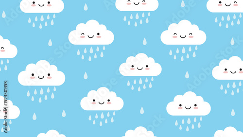 Adorable seamless pattern depicting whimsical cartoon clouds with happy smiling faces, gently raining raindrops on a cheerful light blue background.