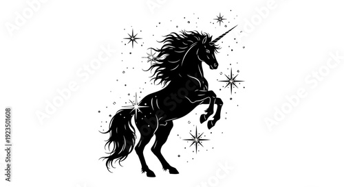 Black silhouette of a unicorn rearing up surrounded by stars.