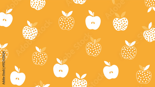 Vibrant seamless pattern featuring an appealing mix of solid white apples and white apples with playful polka dots, all set against a bold orange background.