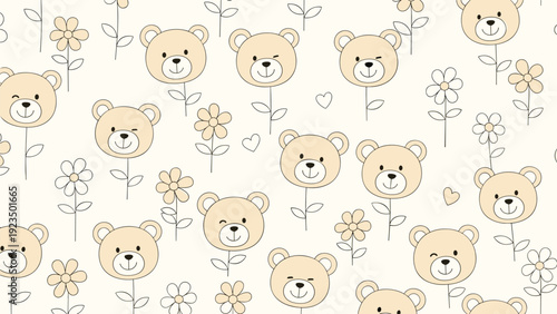 Adorable seamless pattern featuring charming cartoon bear faces playfully integrated into flower stems, complemented by tiny hearts on a light cream background.