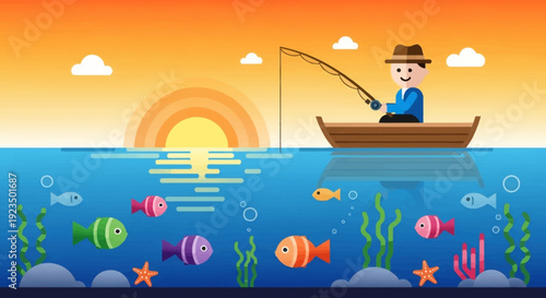 Man fishing in a boat at sunset with colorful fish underwater.
