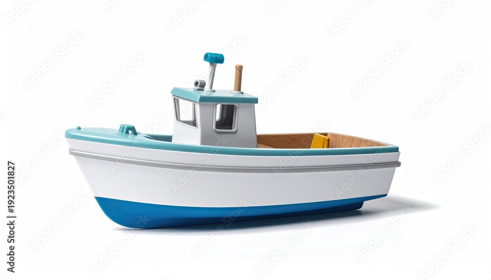 Naklejka premium White, blue toy boat isolated on a clean white background